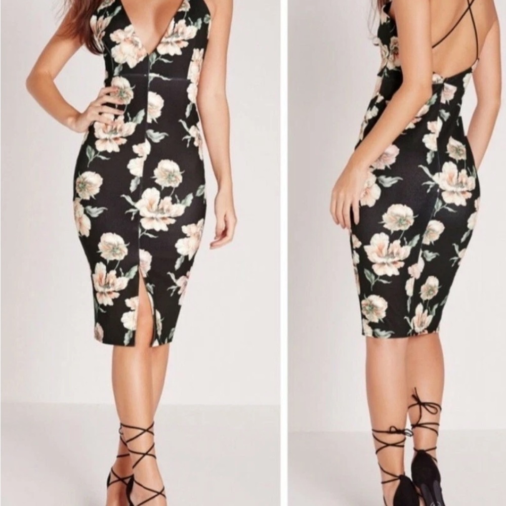 Missguided Black One-Shoulder Floral Midi Dress in Peach # 255